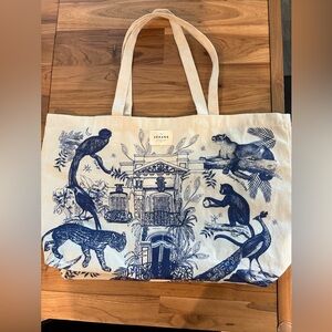 Sezane Cream Navy jungle animal print Canvas tote Bag